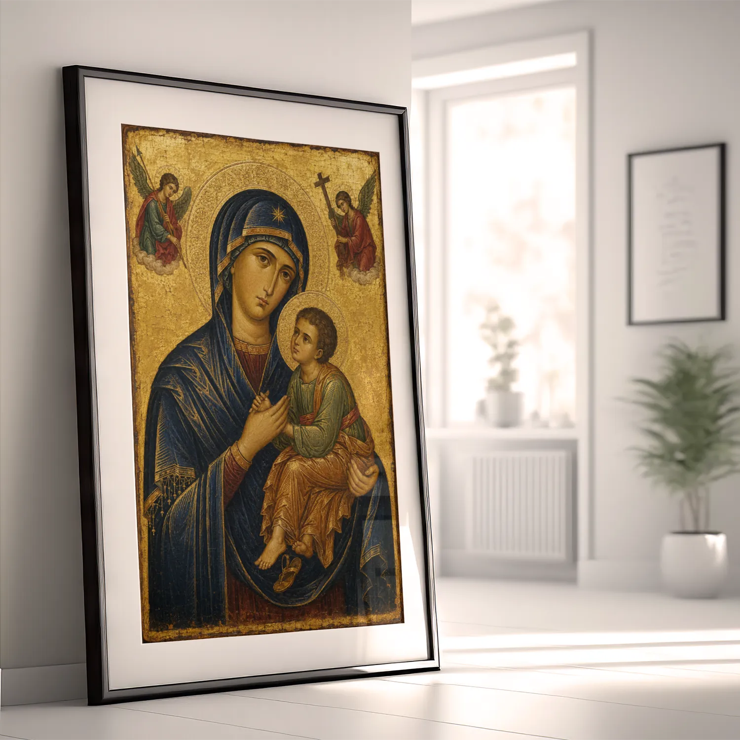Our Lady of Perpetual Help miraculous icon giclée fine art print (framed in a bright modern room)