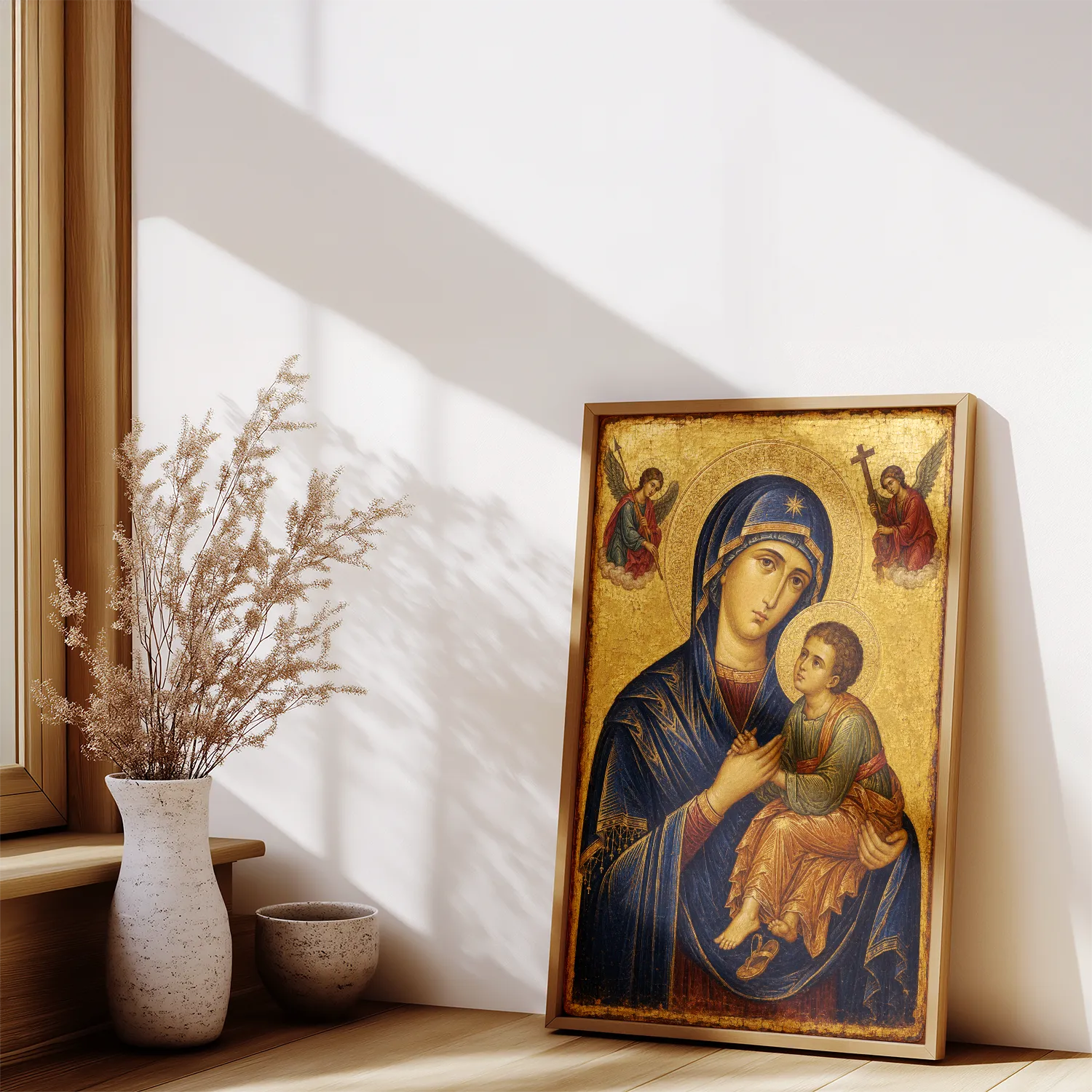 Our Lady of Perpetual Help miraculous icon giclée fine art print (in a wooden frame in a sunlit room)