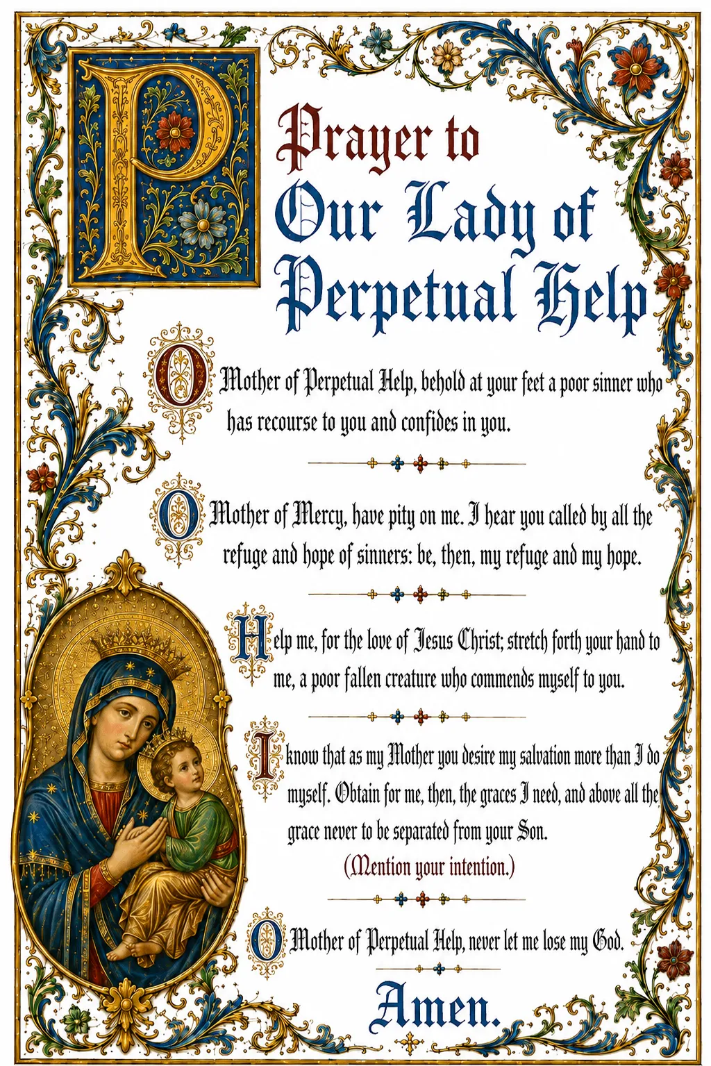 Our Lady of Perpetual Help prayer card, free printable illuminated Catholic prayer
