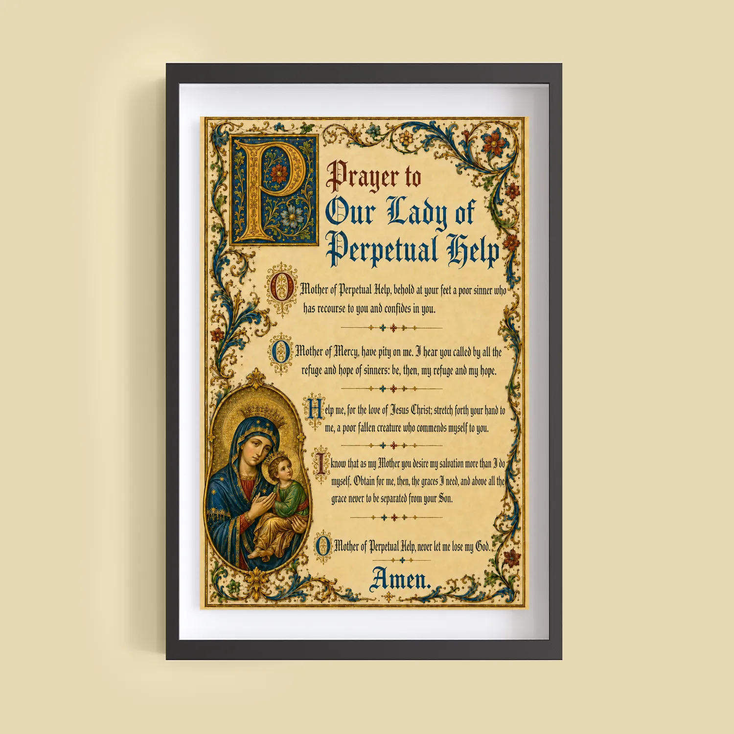 Prayer to Our Lady of Perpetual Help medieval illuminated giclée fine art print (framed on a wall)