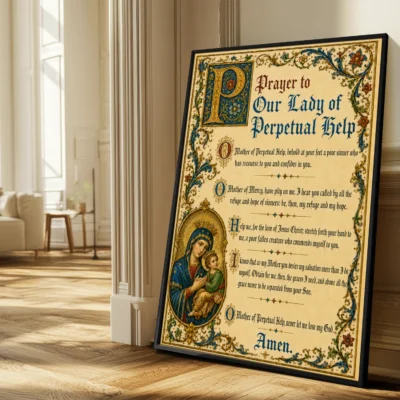 Prayer to Our Lady of Perpetual Help medieval illuminated giclée fine art print (in a sunlit living room)