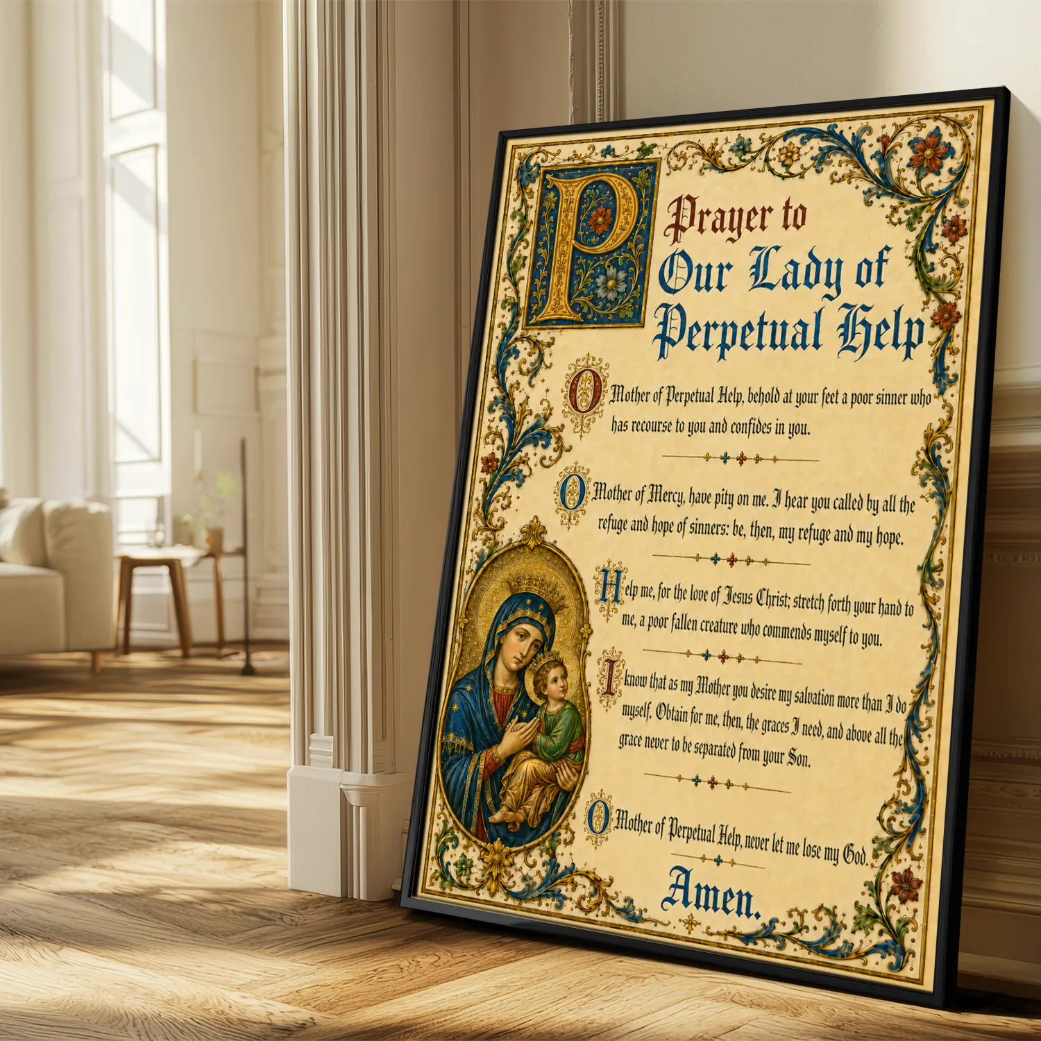 Prayer to Our Lady of Perpetual Help medieval illuminated giclée fine art print (in a sunlit living room)