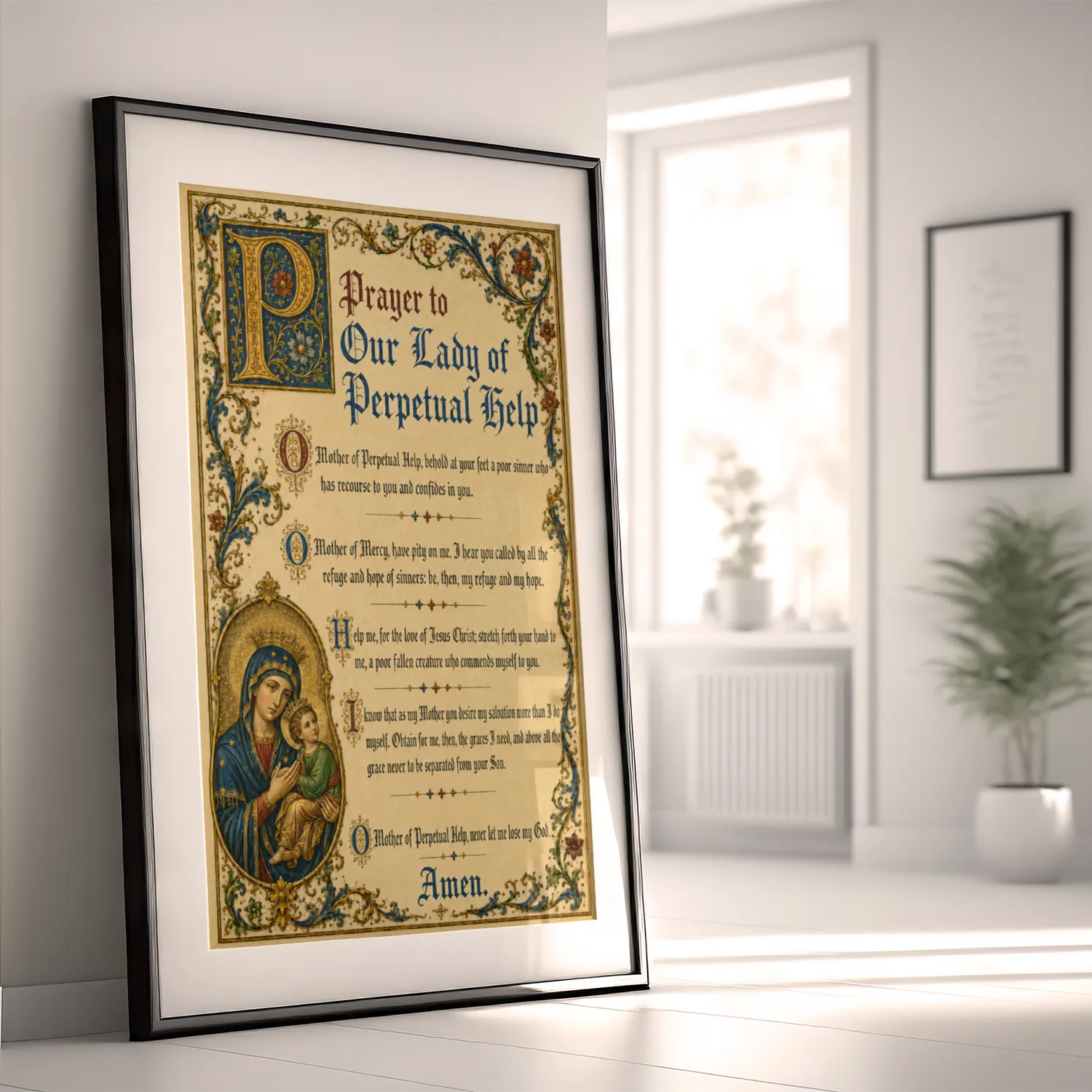Prayer to Our Lady of Perpetual Help medieval illuminated giclée fine art print (framed in a bright modern room)
