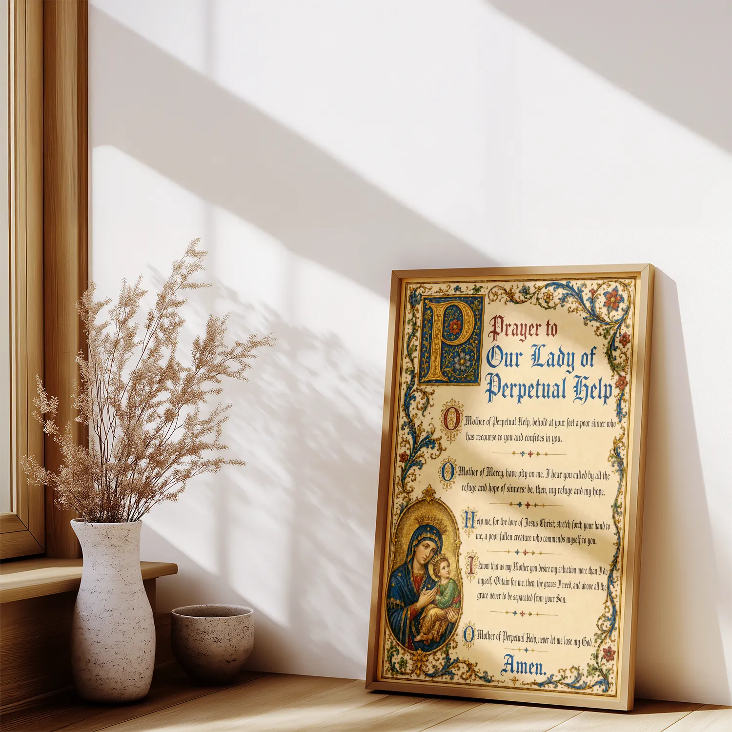 Prayer to Our Lady of Perpetual Help medieval illuminated giclée fine art print (in a wooden frame in a sunlit room)