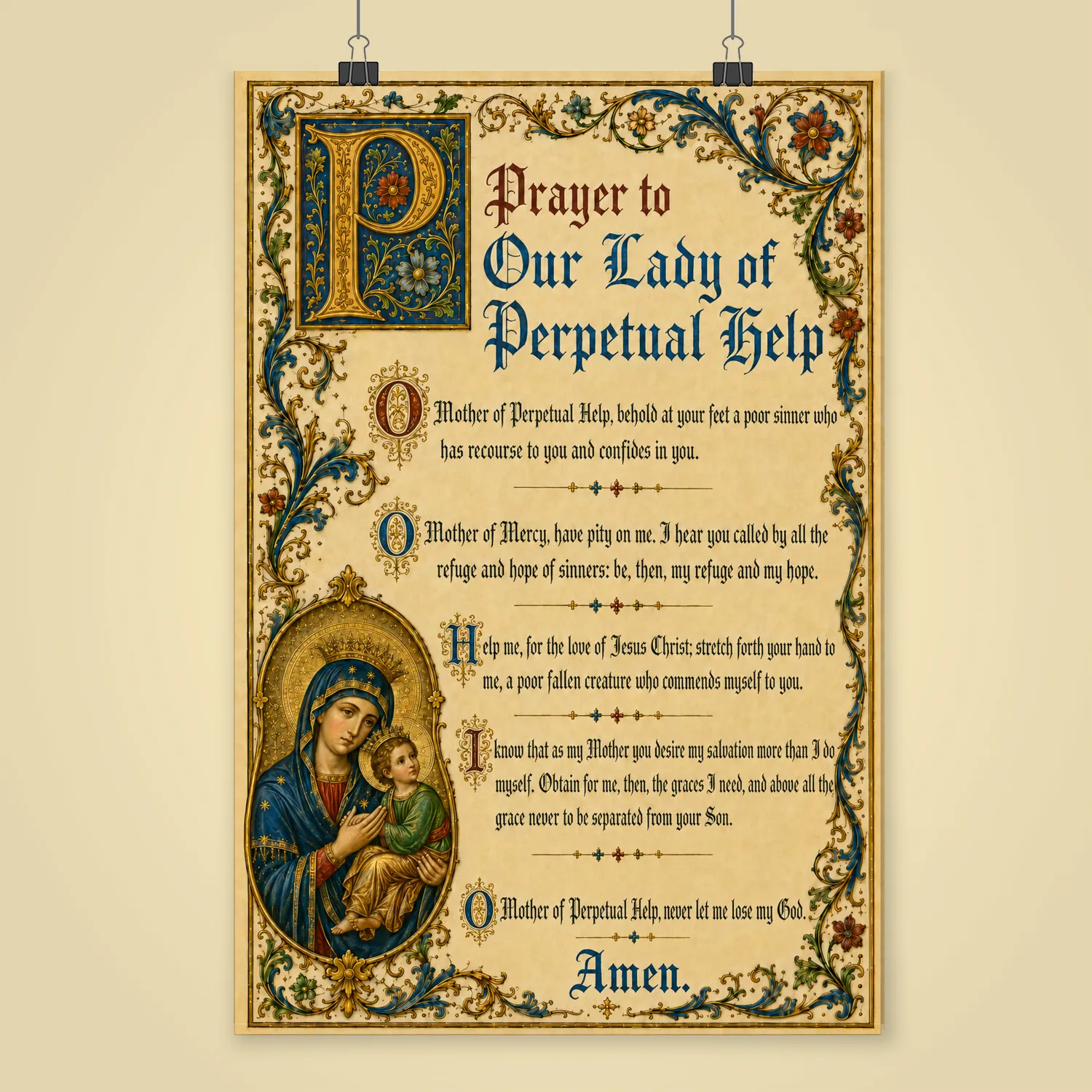Prayer to Our Lady of Perpetual Help medieval illuminated giclée fine art print (shown unframed)
