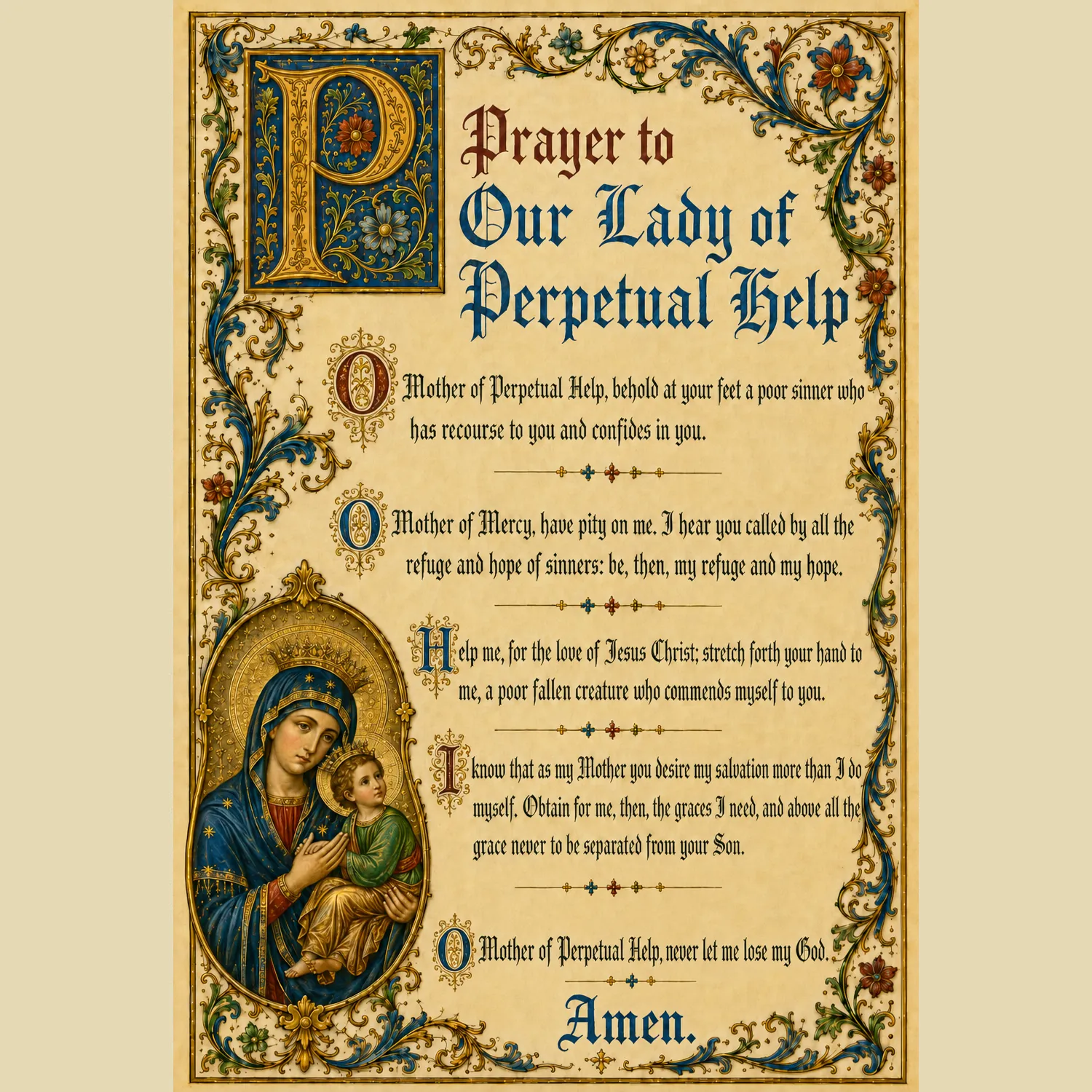 Prayer to Our Lady of Perpetual Help medieval illuminated giclée fine art print (flat view)
