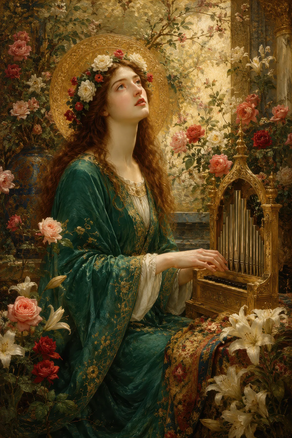 Saint Cecilia, the patron saint of music, crowned with roses beside a golden organ, eyes raised to heaven
