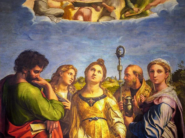 Detail of Raphael's Ecstasy of Saint Cecilia, the saint standing among four saints as the organ slips from her hands