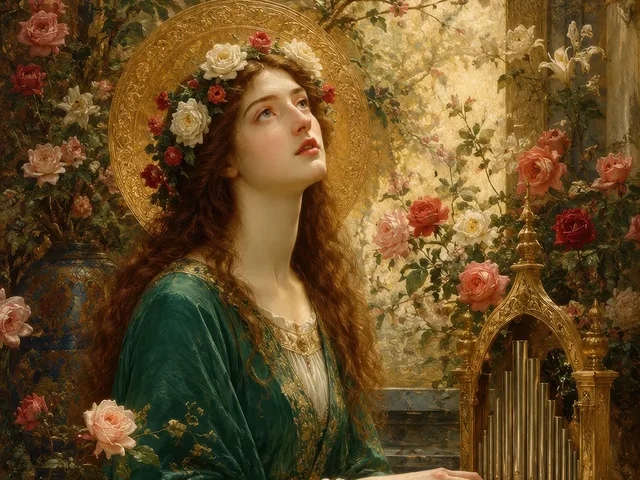 The face of Saint Cecilia, crowned with roses beside a golden organ, patron saint of music
