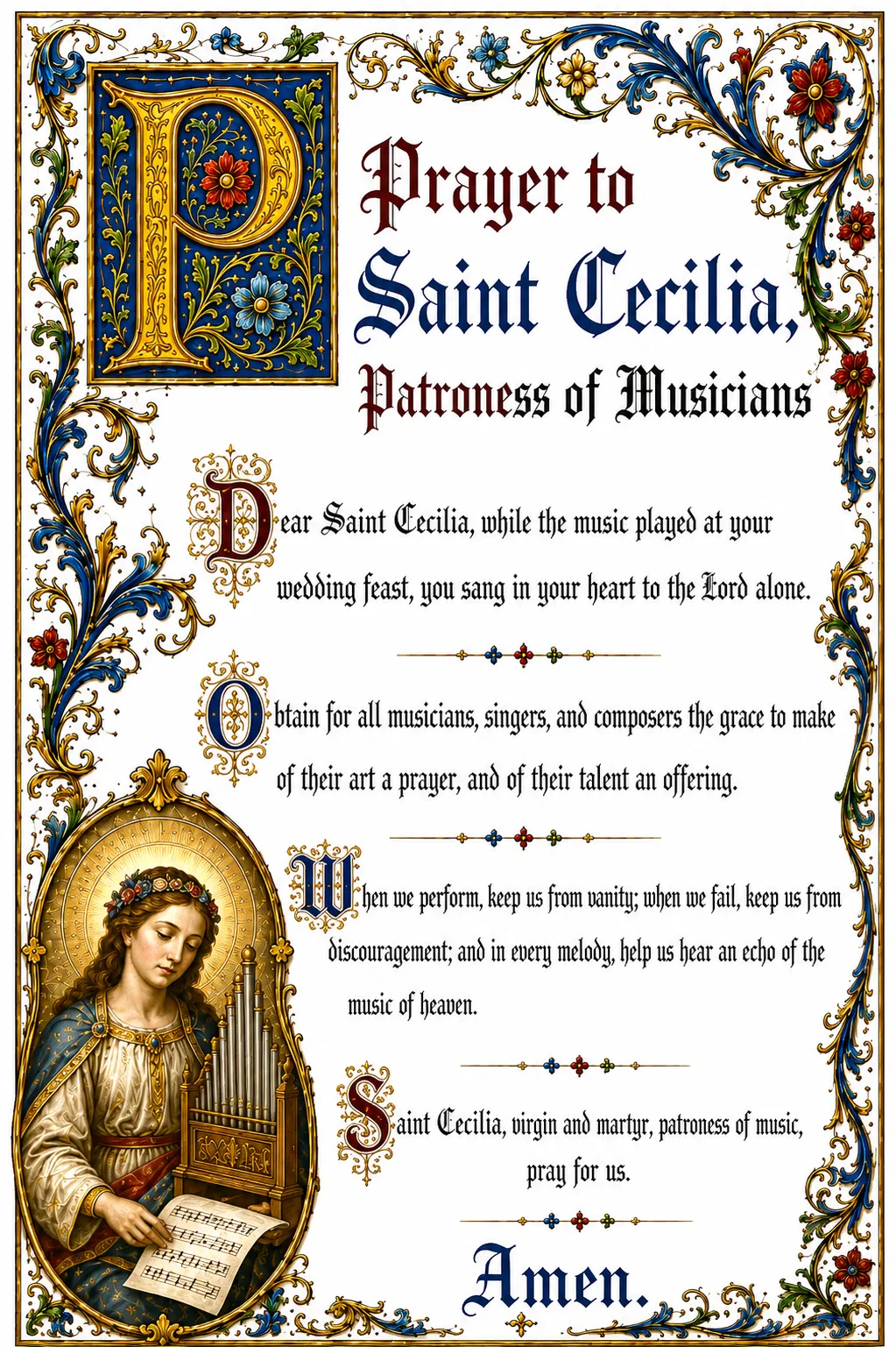 Saint Cecilia prayer for musicians, free printable illuminated Catholic prayer card