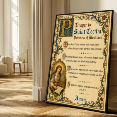 Prayer to Saint Cecilia patroness of musicians medieval illuminated giclée fine art print (in a sunlit living room)