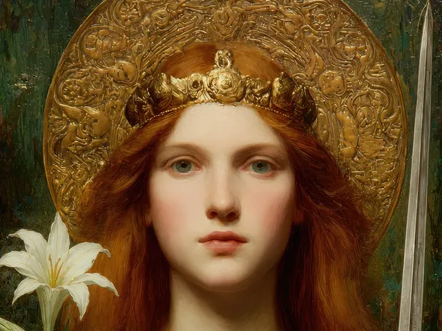 The face of Saint Dymphna, crowned young Irish princess with red hair and a golden halo