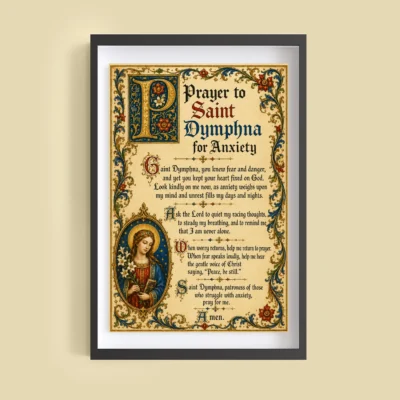 Saint Dymphna prayer for anxiety medieval illuminated giclée fine art print (framed on a wall)