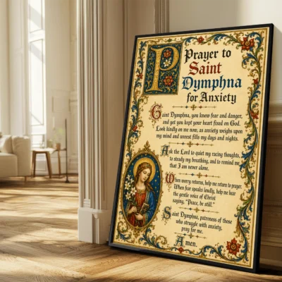 Saint Dymphna prayer for anxiety medieval illuminated giclée fine art print (in a sunlit living room)