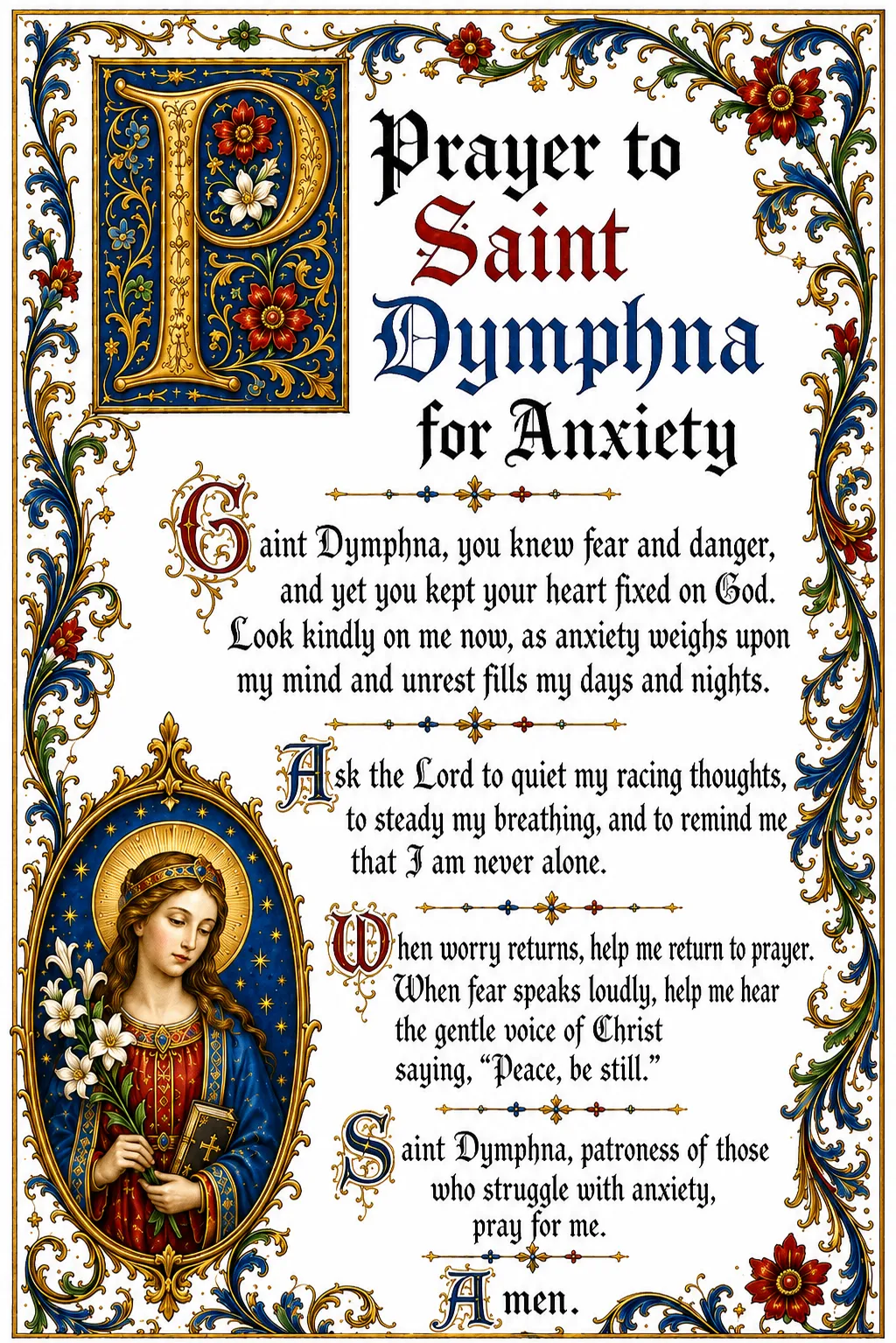 Saint Dymphna prayer for anxiety, free printable illuminated Catholic prayer card