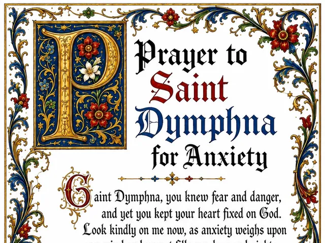 Prayer to Saint Dymphna for Anxiety, illuminated prayer card lettering