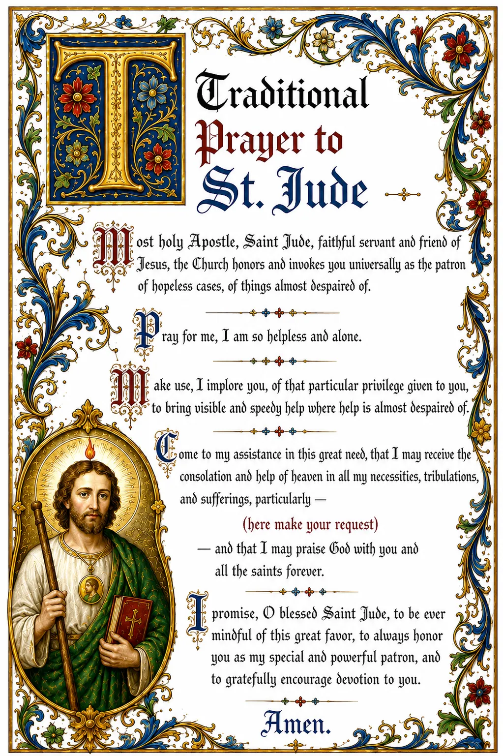 Saint Jude traditional prayer, free printable illuminated Catholic prayer card