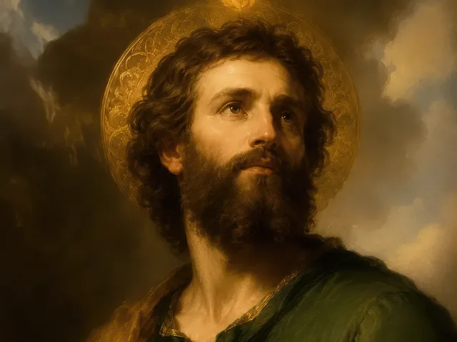 The face of Saint Jude Thaddeus, bearded apostle with a golden halo and the flame of Pentecost above his head