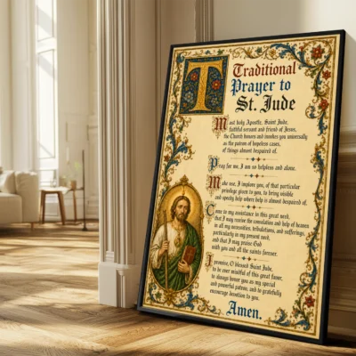 Traditional prayer to St Jude medieval illuminated giclée fine art print (in a sunlit living room)