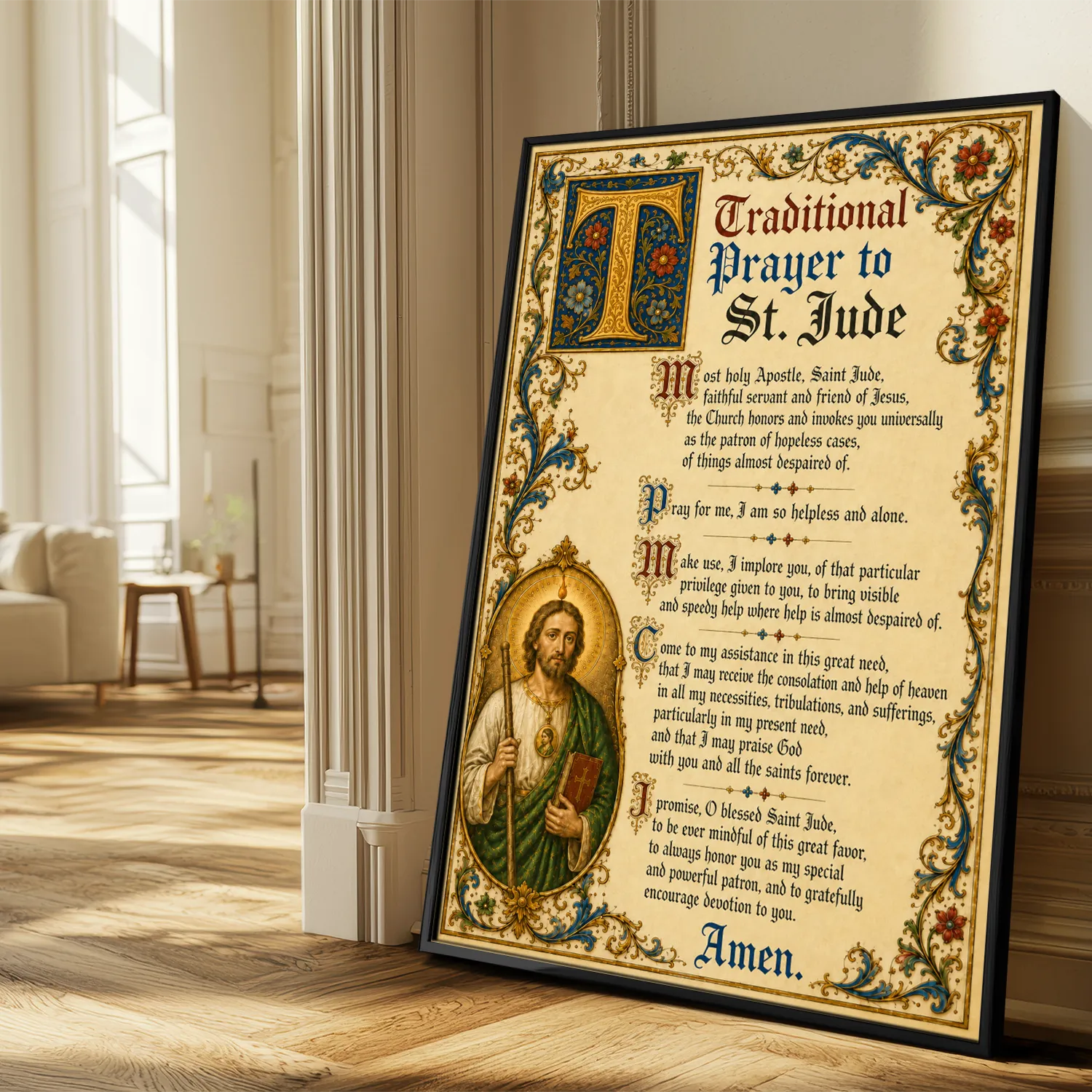 Traditional prayer to St Jude medieval illuminated giclée fine art print (in a sunlit living room)