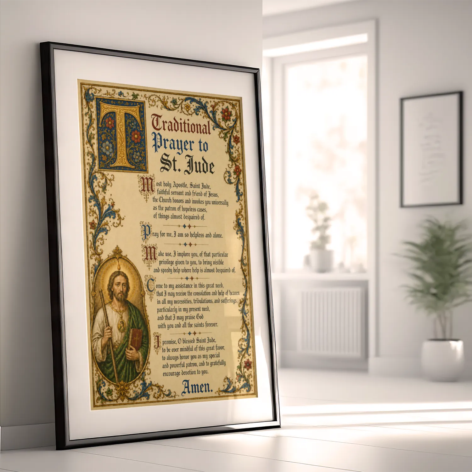 Traditional prayer to St Jude medieval illuminated giclée fine art print (framed in a bright modern room)