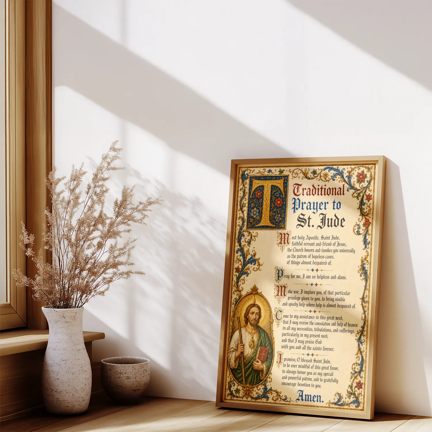 Traditional prayer to St Jude medieval illuminated giclée fine art print (in a wooden frame in a sunlit room)
