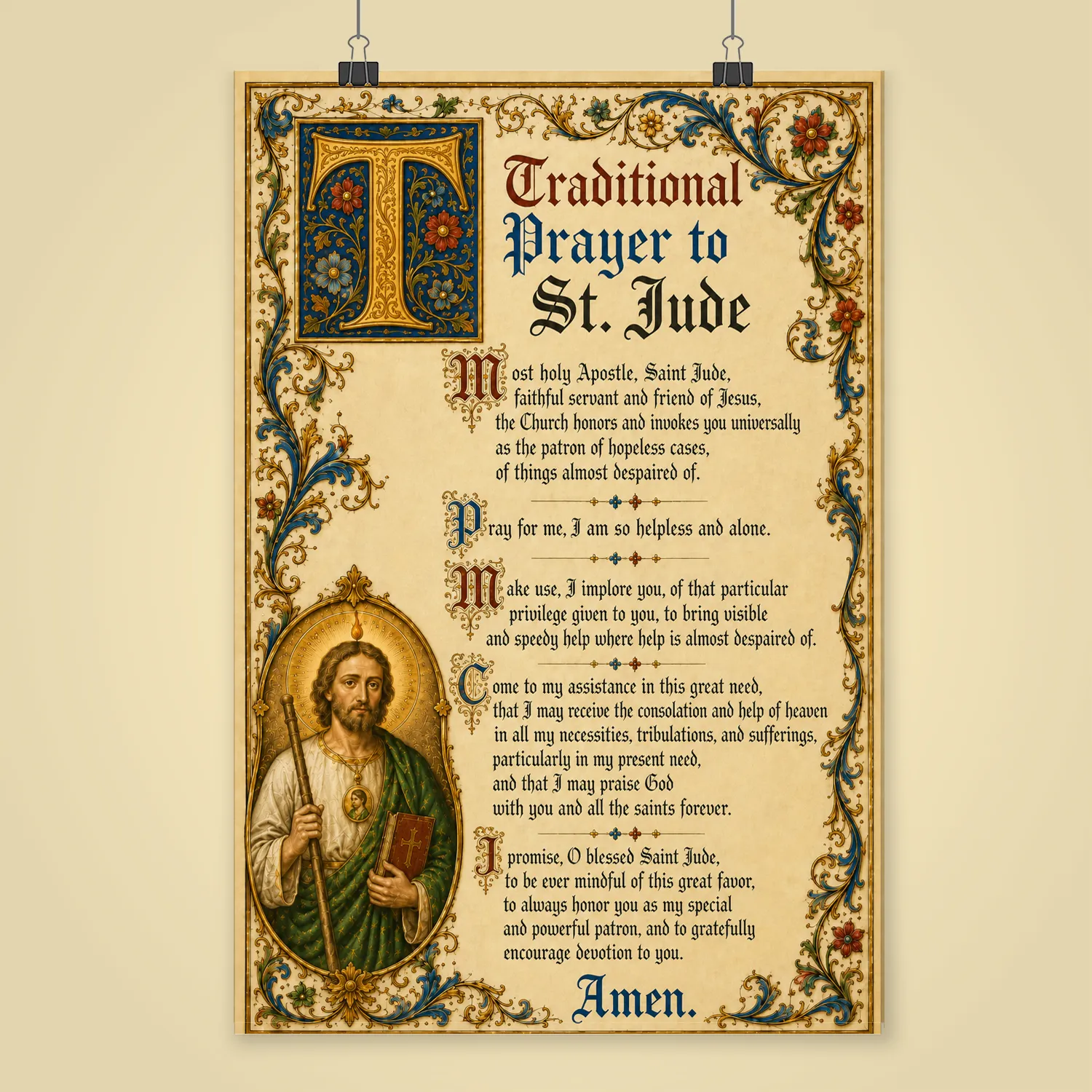 Traditional prayer to St Jude medieval illuminated giclée fine art print (shown unframed)