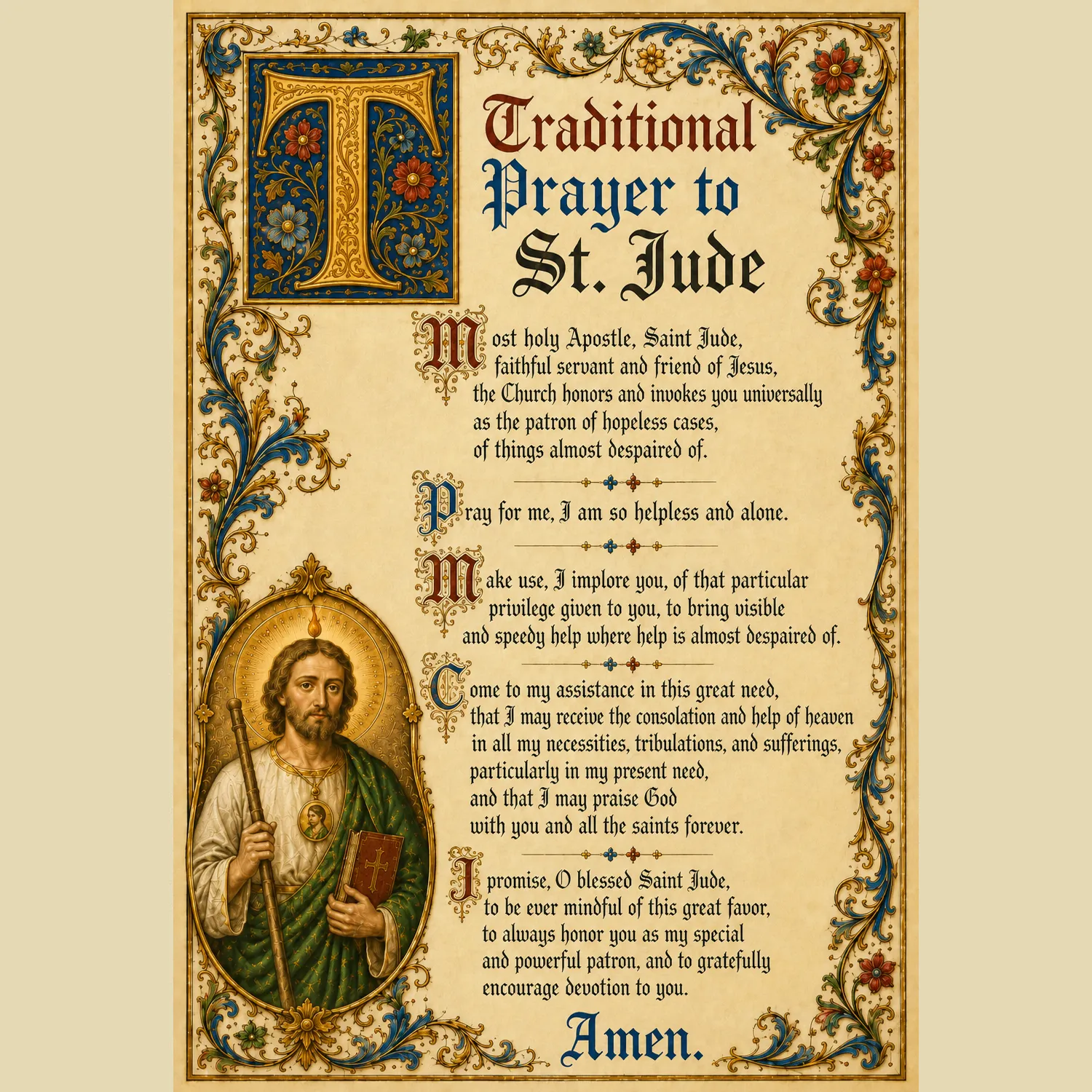 Traditional prayer to St Jude medieval illuminated giclée fine art print (flat view)