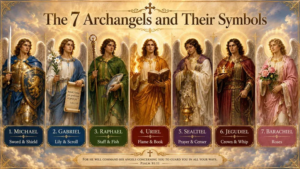 The 7 archangels and their symbols: Michael with sword and shield, Gabriel with lily and scroll, Raphael with staff and fish, Uriel with flame and book, Sealtiel with censer, Jegudiel with crown and whip, Barachiel with roses