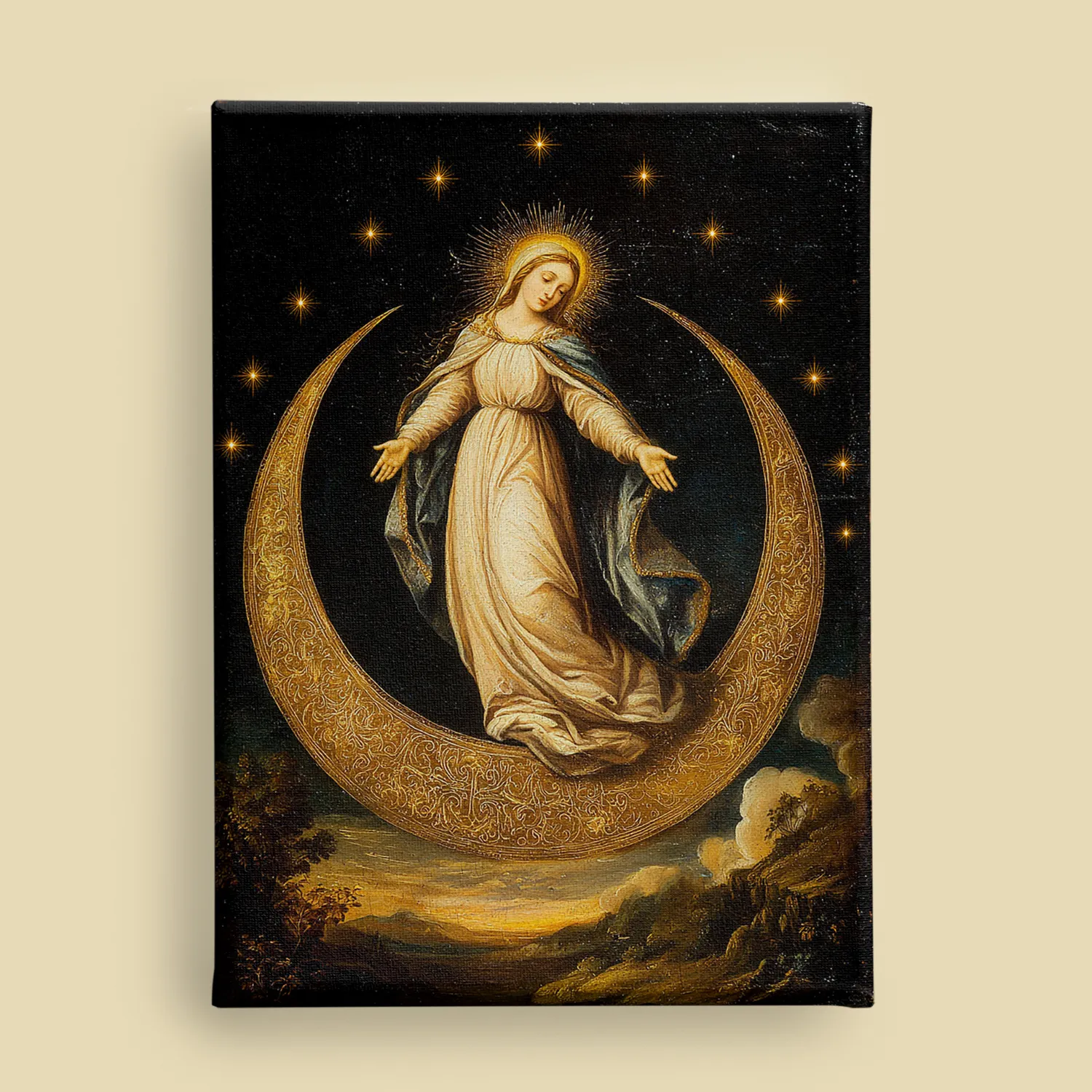 Immaculate Conception - Virgin Mary on the Crescent Moon canvas (front view)