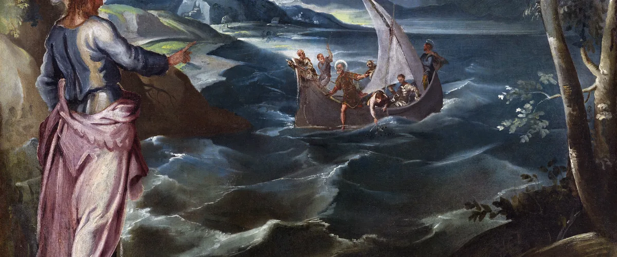 Detail of Tintoretto's Christ at the Sea of Galilee, Christ on the water beside the storm-tossed boat of disciples