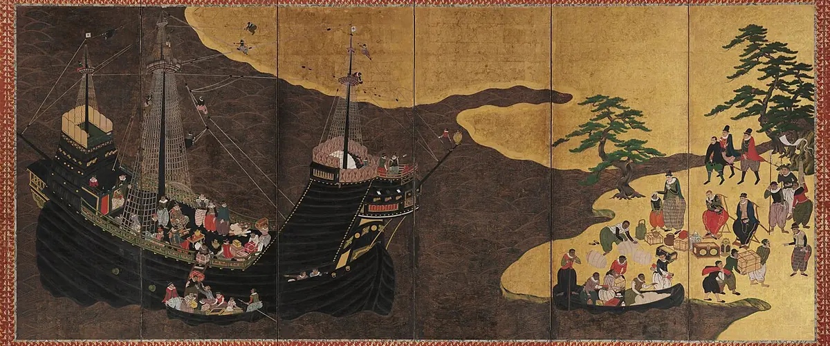 Japanese folding screen showing a Portuguese carrack and traders landing, with black robed priests