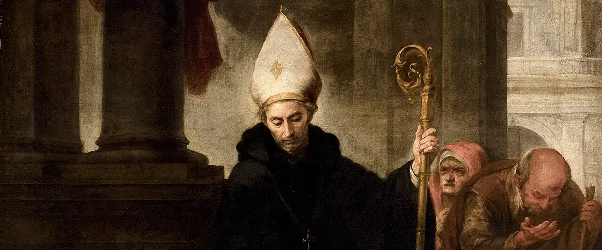 Detail of Murillo's Saint Thomas of Villanova Giving Alms, the bishop in mitre and black habit holding a crozier while beggars wait at his right