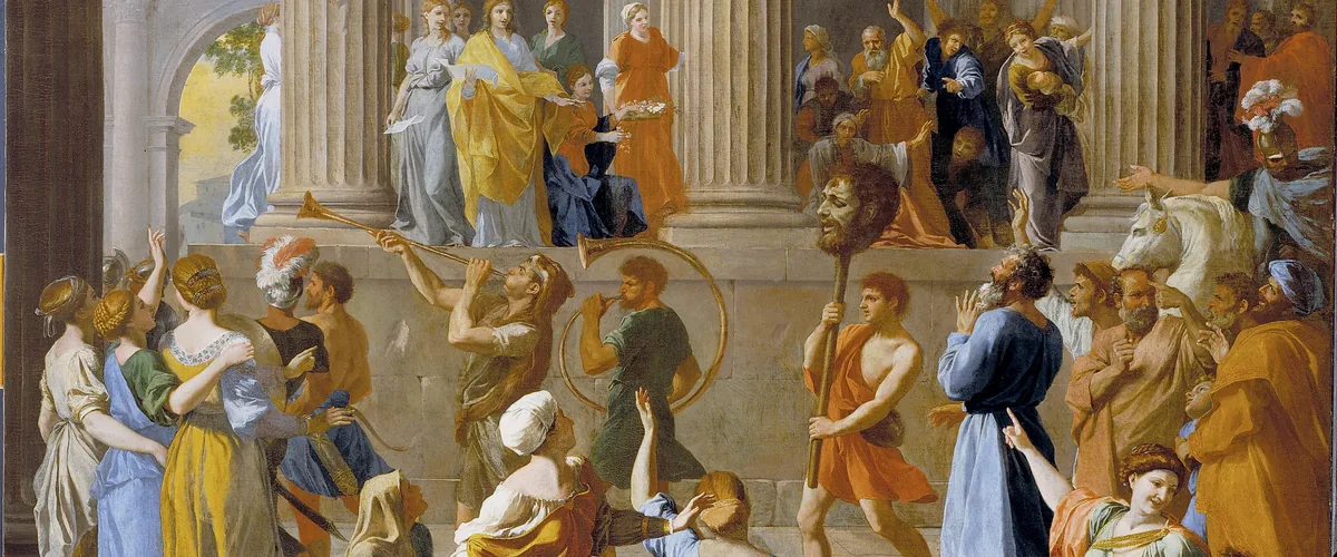 Detail of Poussin's The Triumph of David, David carrying the giant's head in procession with musicians and crowd