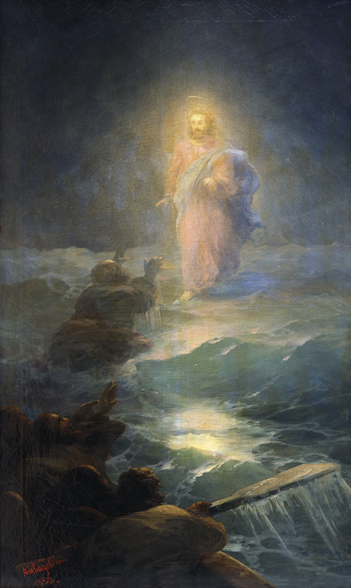 Ivan Aivazovsky, Walking on the Water, the luminous figure of Christ standing on a dark, storm-lit sea