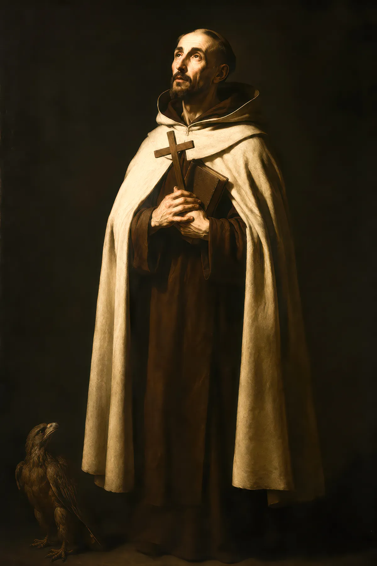 Devotional portrait of Saint John of the Cross as a Discalced Carmelite friar in brown habit and cream mantle, holding a cross against a dark ground