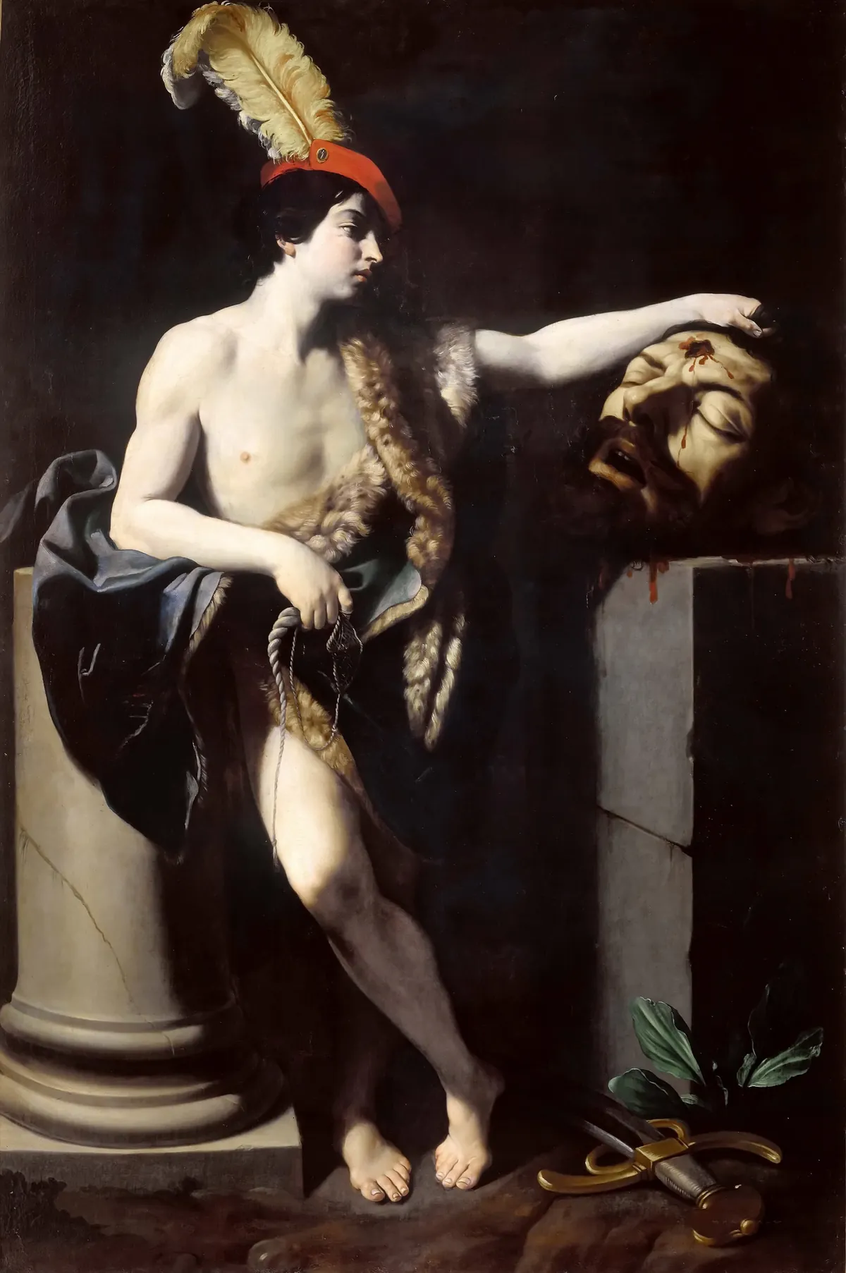 Guido Reni, David with the Head of Goliath, an elegant David in a plumed hat leaning beside the giant's head