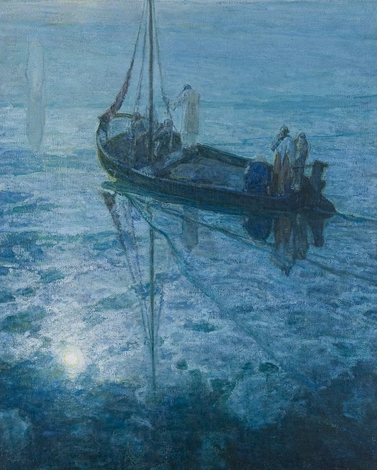 Henry Ossawa Tanner, The Disciples See Christ Walking on the Water, a blue nocturne with a boat and a faint figure on the sea