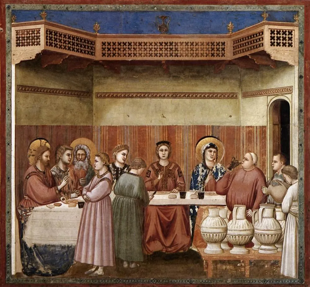 Giotto, Marriage at Cana, Christ blessing the wine as the steward tastes it beside the tall stone jars