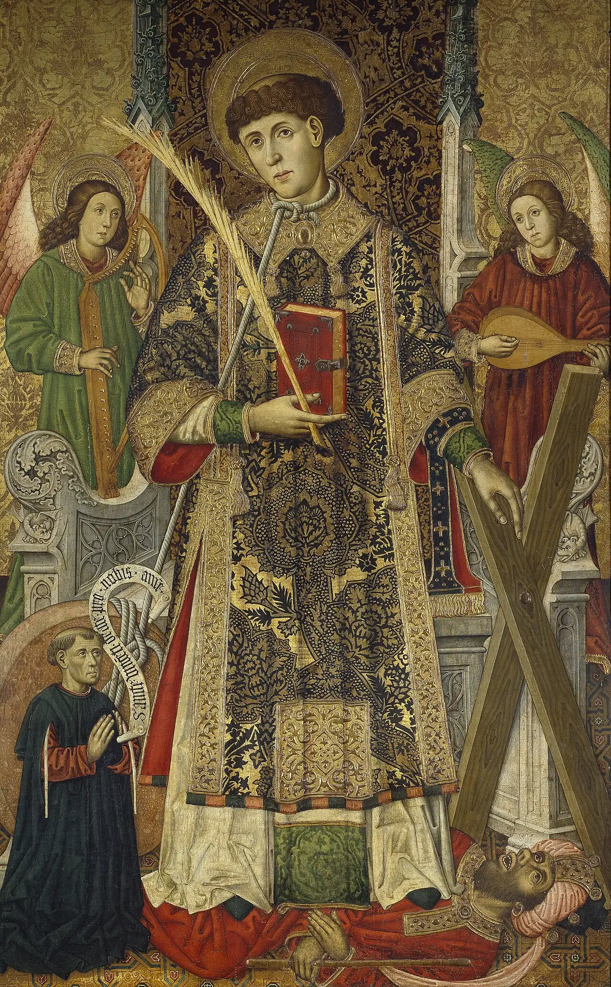 Tomas Giner's gold ground panel of Saint Vincent of Saragossa, a young deacon in a red dalmatic holding a palm and a book