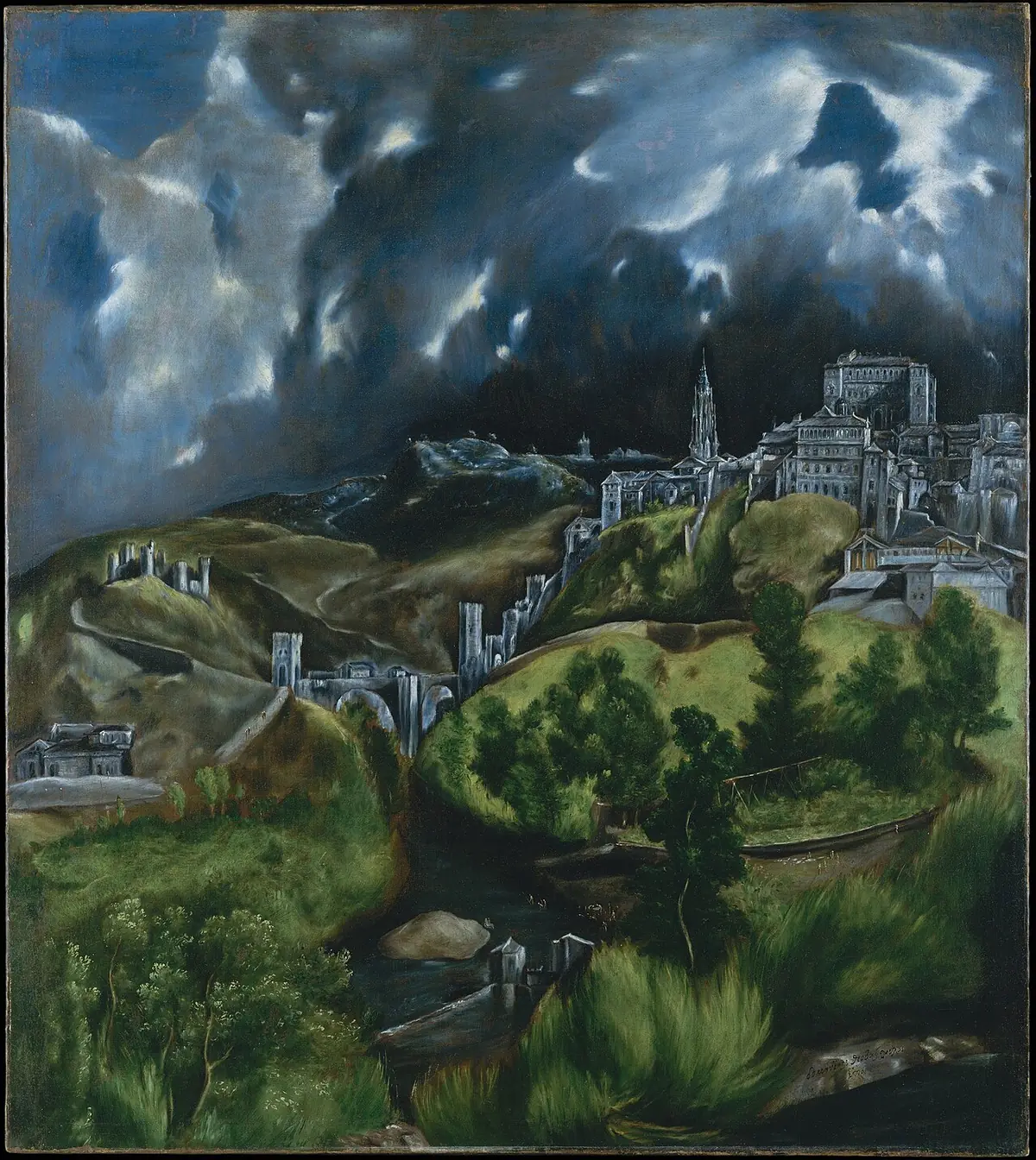 The city of Toledo on its hill under a black storm sky, painted by El Greco