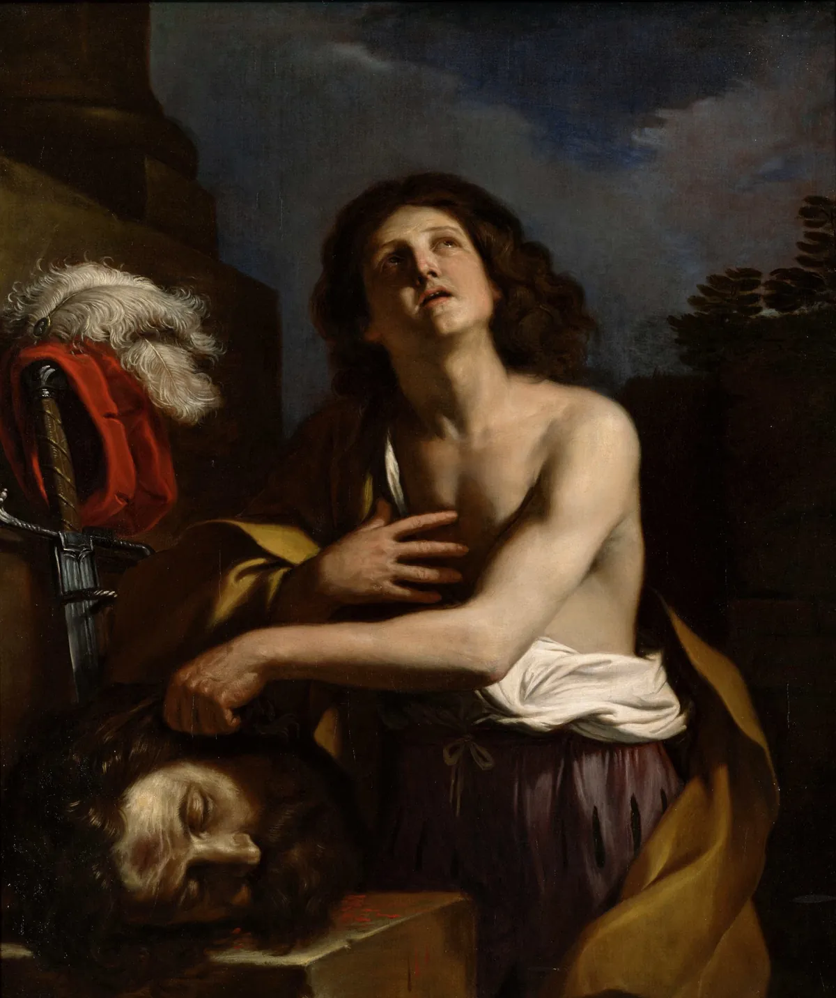 Guercino, David with the Head of Goliath, David gazing upward with a hand on his chest above the giant's head