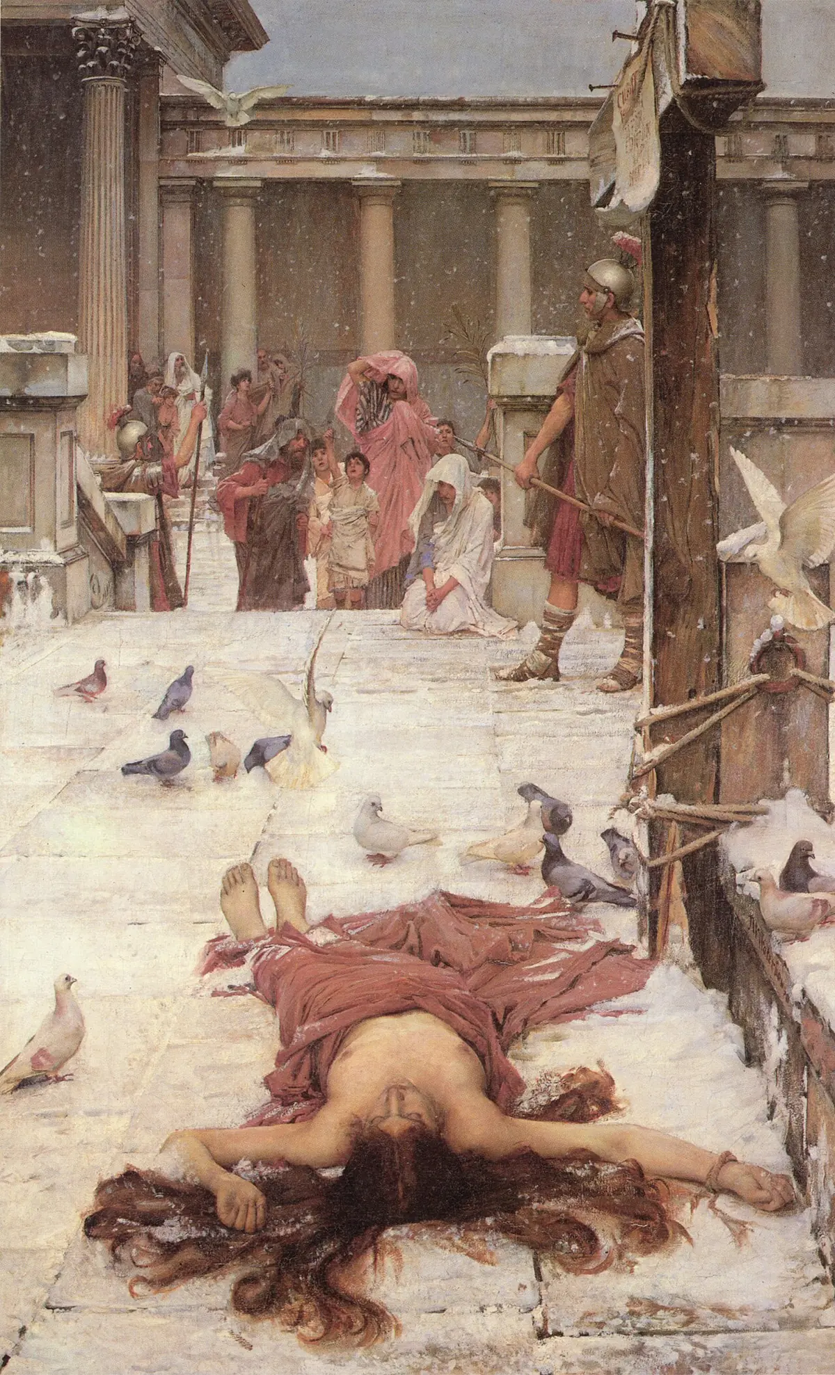 Waterhouse's Saint Eulalia, the young martyr lying in the forum of Merida under falling snow, with doves and onlookers behind
