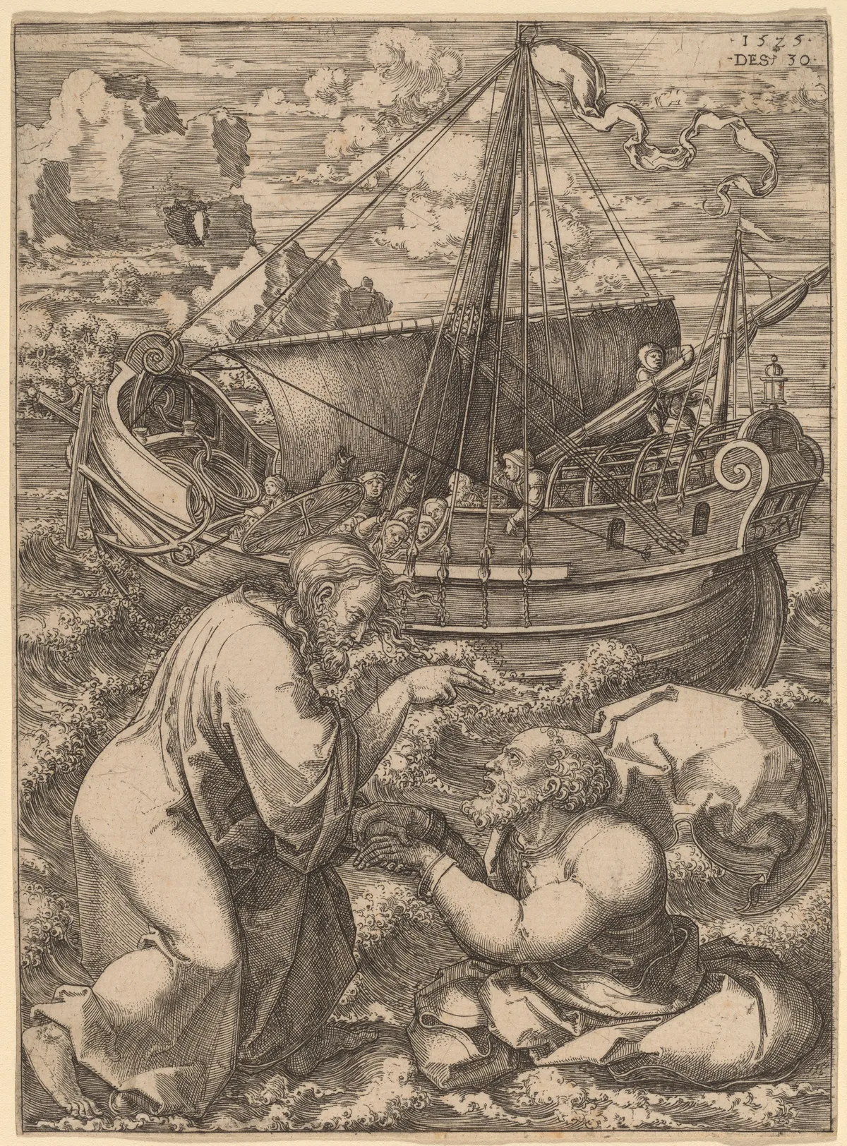 Dirk Vellert, Saint Peter Walking on the Water, an engraving of Christ lifting the sinking Peter beside a great ship