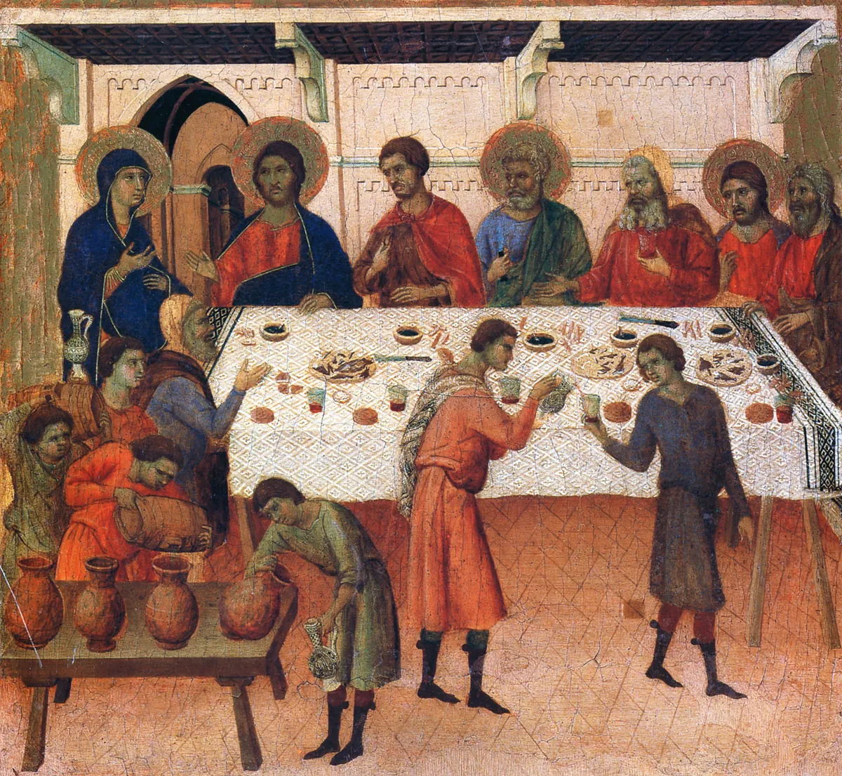 Duccio, The Wedding at Cana from the Maesta, servants filling the stone jars beside the wedding table