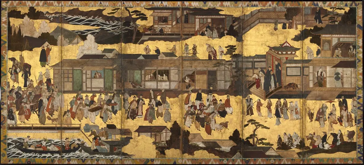 Japanese screen showing Portuguese merchants and Jesuit priests coming ashore in Japan