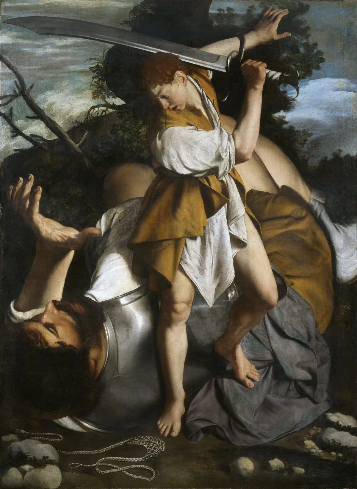 Orazio Gentileschi, David and Goliath, David raising a great sword above the fallen armoured giant