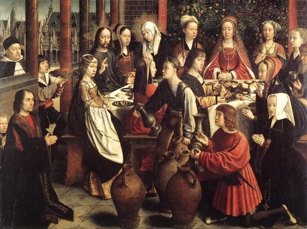Gerard David, The Marriage at Cana, the Virgin and Christ at a Flemish table with kneeling donors