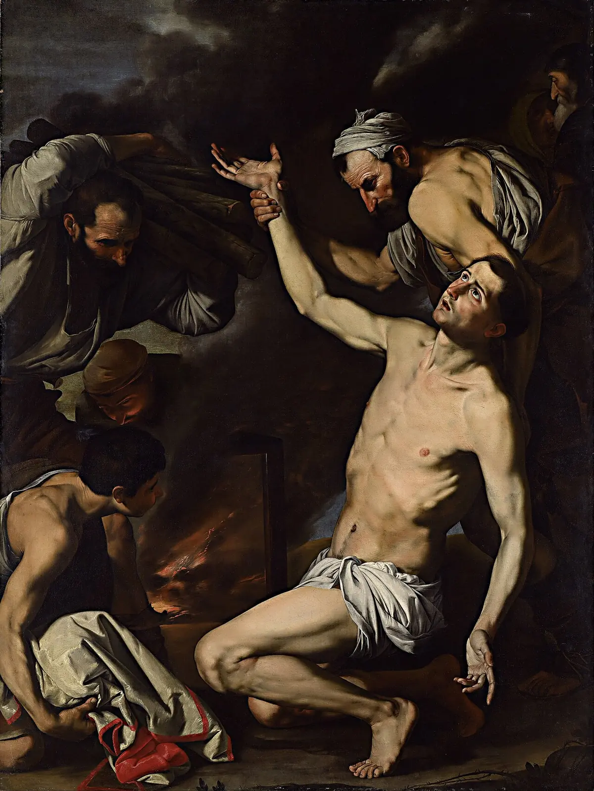 Ribera's Martyrdom of Saint Lawrence, the half naked deacon dragged toward the gridiron by executioners in a dark interior