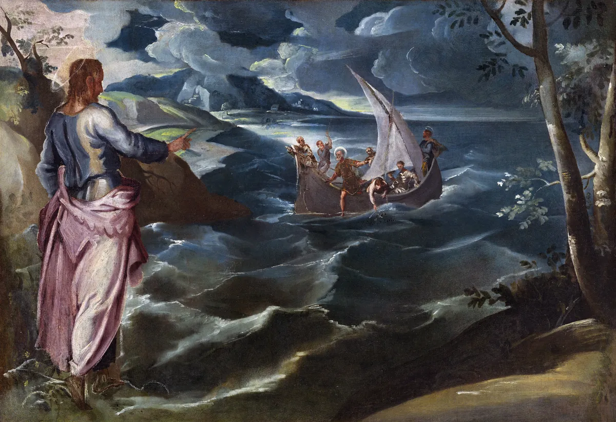 Tintoretto, Christ at the Sea of Galilee, Christ standing on the shore-water calling to the storm-tossed boat of disciples